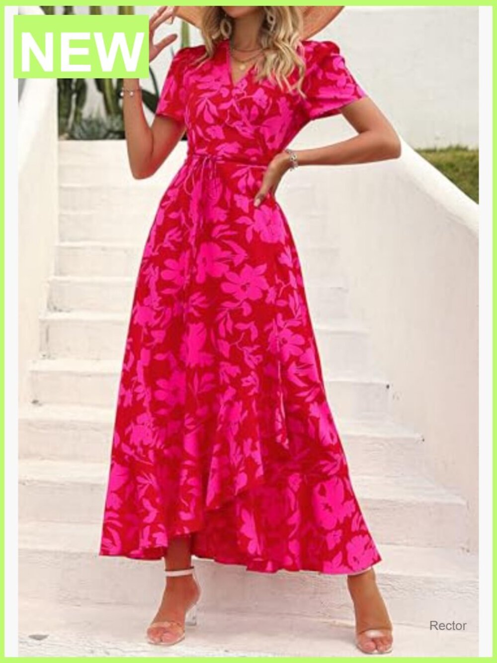 Boho Floral Maxi Dress Short Sleeve Wrap V Neck Long Flowy Beach Vacation - Picture 3 of 7